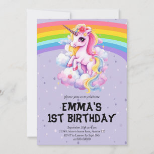 Invitación Chica Púrpura Arcoiris Unicornio 1 cumpleaños