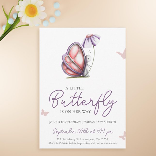 Invitación Chica púrpura de mariposa suave Baby Shower (Cute butterfly baby shower invitation)