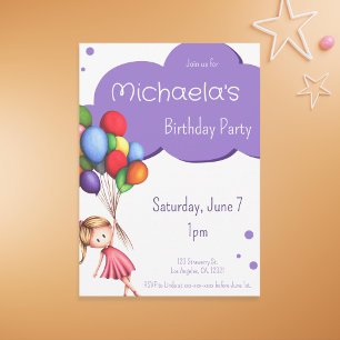 Invitación Chica púrpura flotando con globos Cumpleaños