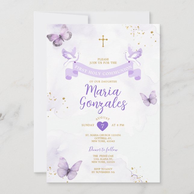 Invitación Chica Púrpura Primero Santa Comunión Cruzar Maripo (Anverso)