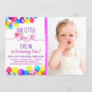 Invitación Chica Púrpura rosa BALLOON Primer cumpleaños Invit