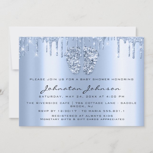 Invitación Chica Purpurina Blue Feet Blue Boy de Baby Shower  (Anverso)