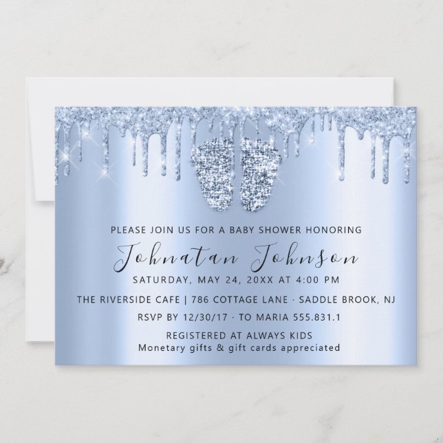 Invitación Chica Purpurina Blue Feet Blue Boy de Baby Shower  (Anverso)