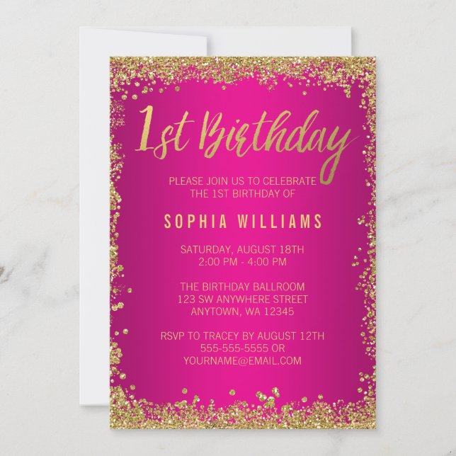 Invitación Chica Purpurina de Burlas de Oro Rosado Primer Cum (Anverso)