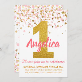 Invitación Chica Purpurina de Oro Rosa Confetti Primer cumple