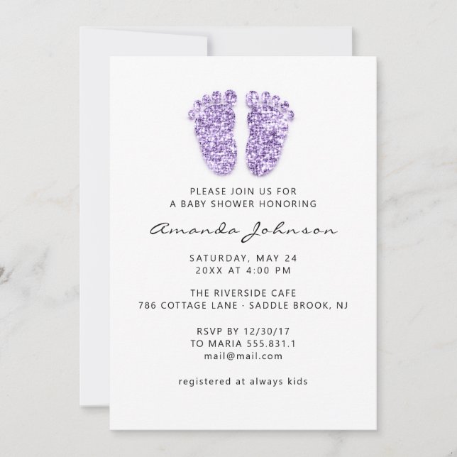Invitación Chica Purpurina de pies morados ligero Baby Shower (Anverso)