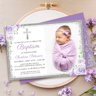 Invitación Chica Purpurina de Plata Floral Púrpura Foto de Ba