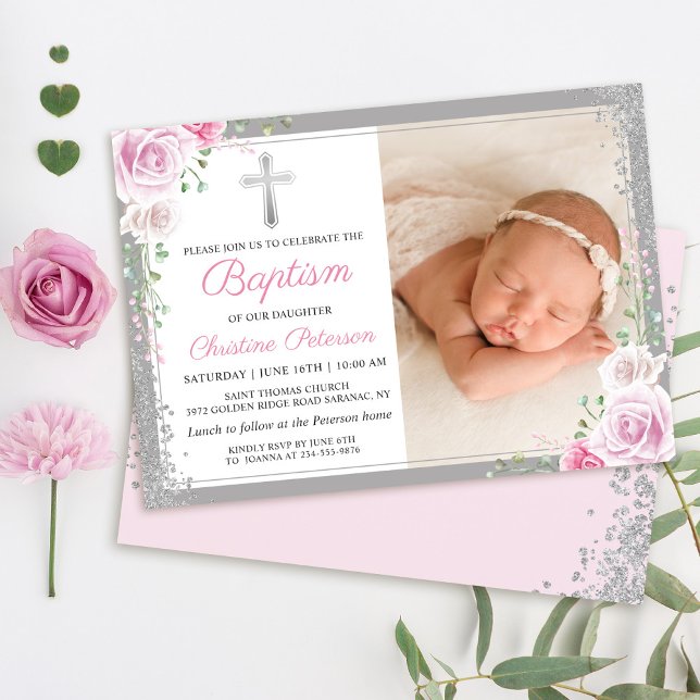 Invitación Chica Purpurina de Plata Floral Rosa (Subido por el creador)