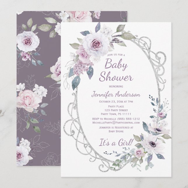 Invitación Chica Purpurina    Floral Violet Rosa Baby Shower (Anverso / Reverso)
