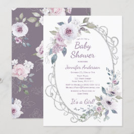 Invitación Chica Purpurina    Floral Violet Rosa Baby Shower