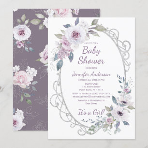 Invitación Chica Purpurina    Floral Violet Rosa Baby Shower