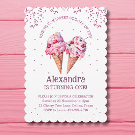 Invitación Chica Purpurina Rosa Crema de Hielo Primer Cumplea