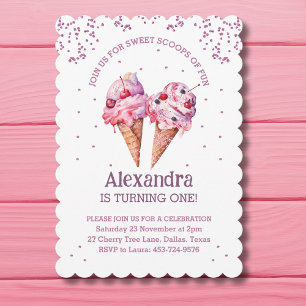 Invitación Chica Purpurina Rosa Crema de Hielo Primer Cumplea