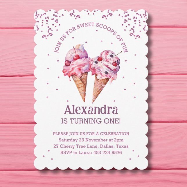 Invitación Chica Purpurina Rosa Crema de Hielo Primer Cumplea (Subido por el creador)