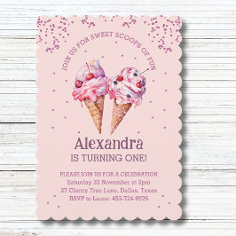 Invitación Chica Purpurina Rosa Crema de Hielo Primer Fiesta 