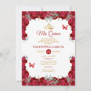Invitación Chica Quinceañera 15 Años Flores Corona Dorada Roj