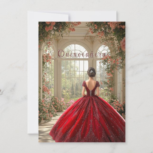 Invitación Chica Quinceanera con traje rojo en Atrio (Anverso)