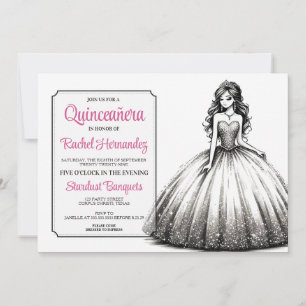 Invitación Chica Quinceañera de Blanco y Negro