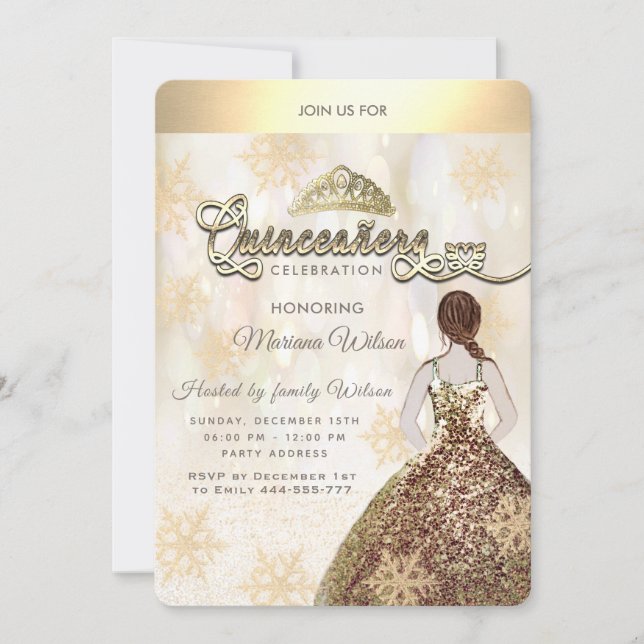 Invitación Chica Quinceañera de copo de nieve Gold (Anverso)