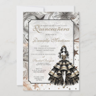 Invitación Chica Quinceañera de Negro y Dorado