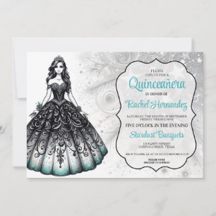 Invitación Chica Quinceañera de Negro y Verde Teal