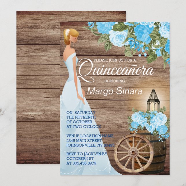 Invitación Chica Quinceañera - Flores de barril y azul de mad (Anverso / Reverso)
