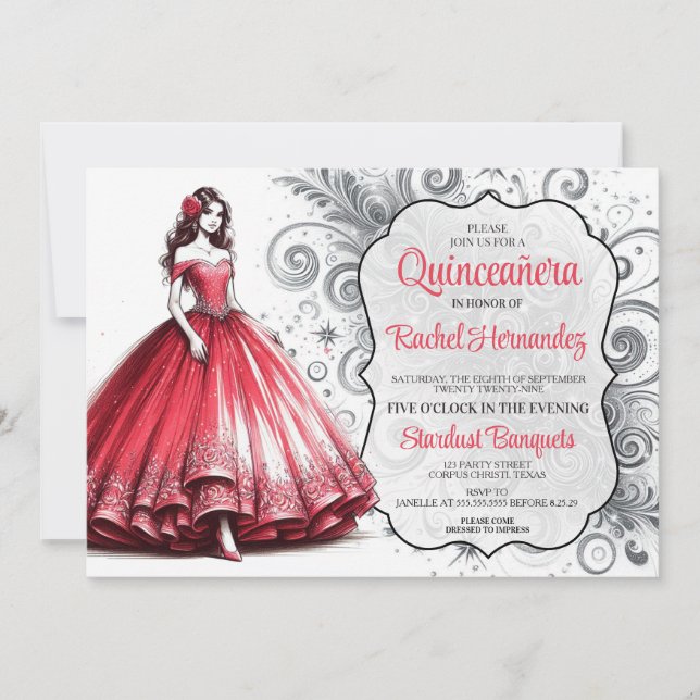 Invitación Chica Quinceañera Roja (Anverso)