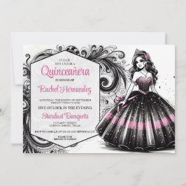 Invitación Chica Quinceañera Rosa y Negra