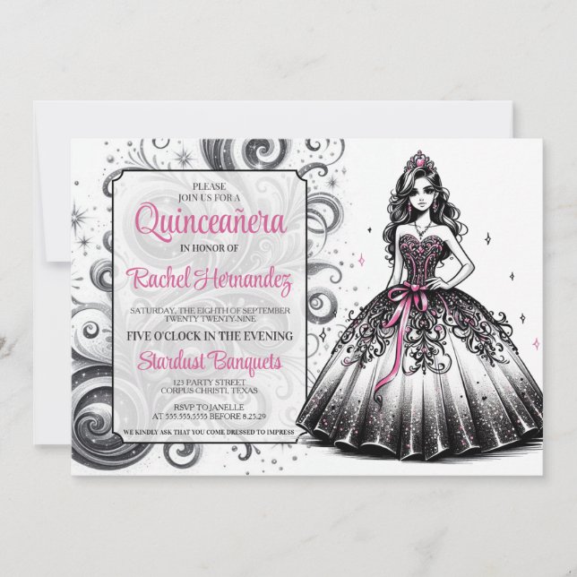 Invitación Chica Quinceañera Rosa y Negra (Anverso)