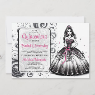 Invitación Chica Quinceañera Rosa y Negra