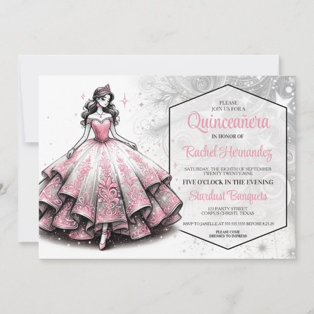 Invitación Chica Quinceañera Rosa y Plateada (Anverso)