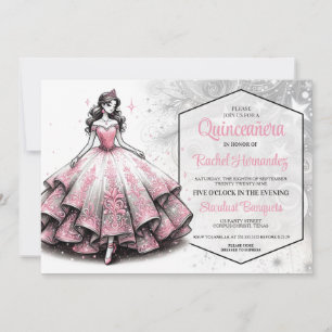 Invitación Chica Quinceañera Rosa y Plateada
