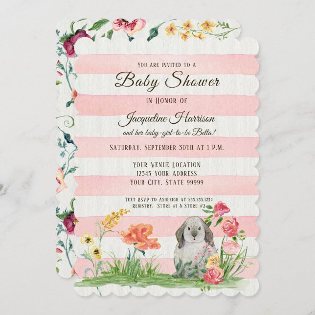 Invitación Chica rayado Baby Shower del conejo del oído del (Anverso / Reverso)