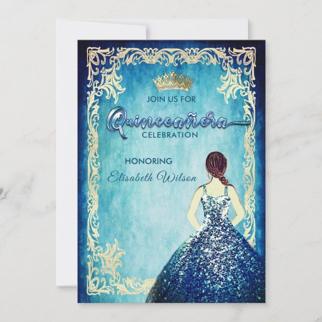 Invitación Chica real azul de la cosecha tiara Quinceañera (Anverso)