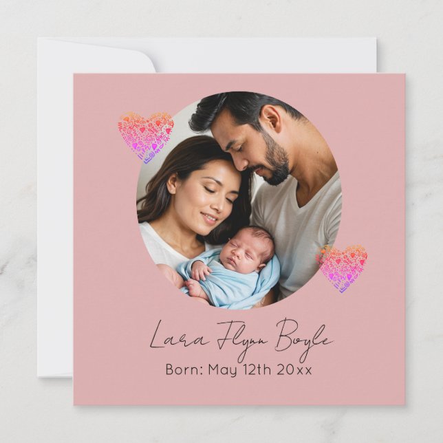 Invitación "Chica recién nacido Personalizado - Corazón y fot (Anverso)