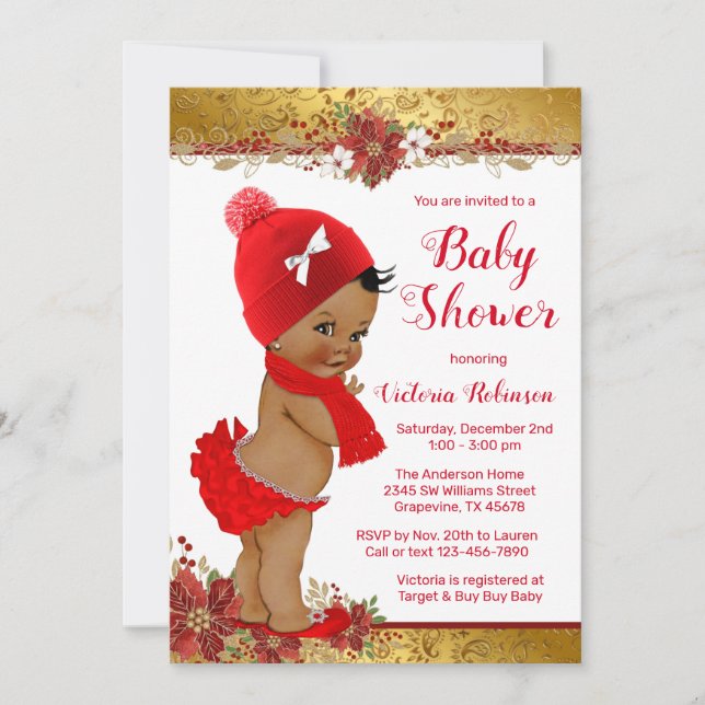 Invitación Chica Red Gold Navidades Baby Shower African (Anverso)