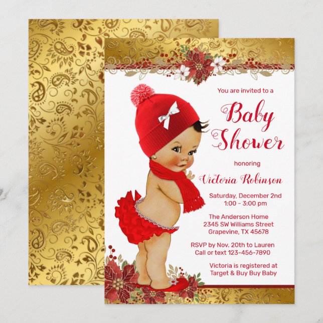 Invitación Chica Red Gold Navidades de la etnia Baby Shower (Anverso / Reverso)