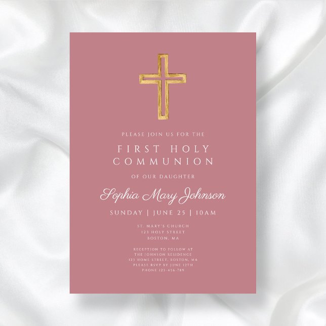 Invitación Chica religioso rosa polvoriento moderno primera c (Modern Dusty Pink Religious Girl First Communion Invitation)