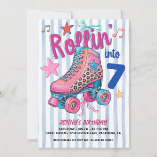 Invitación Chica Retro de Patinaje sobre Ruedas Cumpleaños 7 