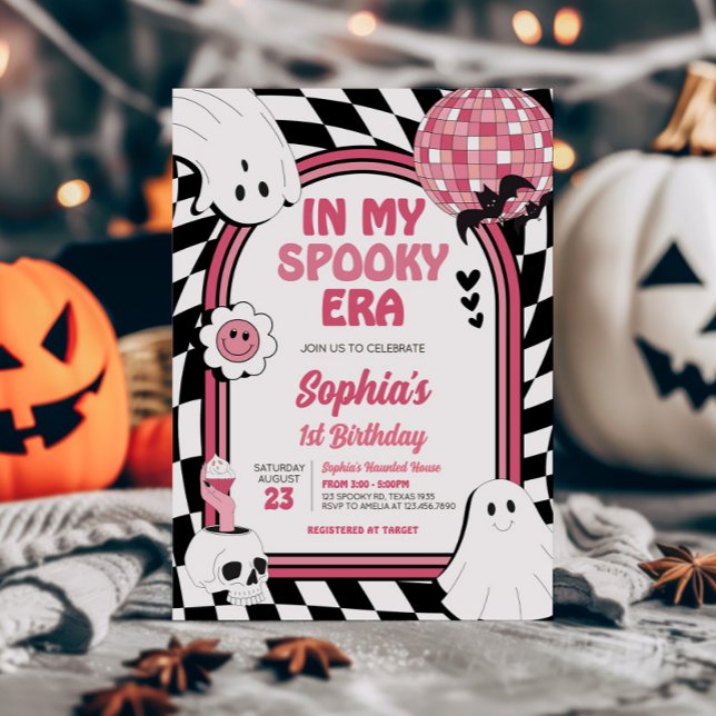Invitación Chica Retro Ghost Halloween Cumpleaños (Pink Retro Ghost Halloween In My Spooky Era Birthday Invitation)