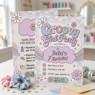 Invitación Chica Retro Groovy Cumpleaños 7 Pastel Rosa Púrpur