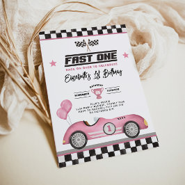 Invitación Chica Retro Pink Fast One Race Car 1er cumpleaños