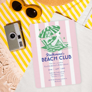 Invitación Chica Retro Pink Stripes Beach Club Fiesta de Cump