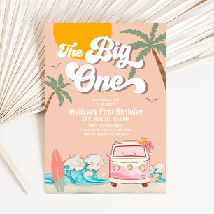 Invitación Chica Retro The Big One Surfing Fiesta de Cumpleañ
