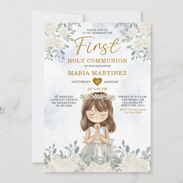 Invitación Chica Rezando Floral Blanca Primera Comunión Santa (Anverso)