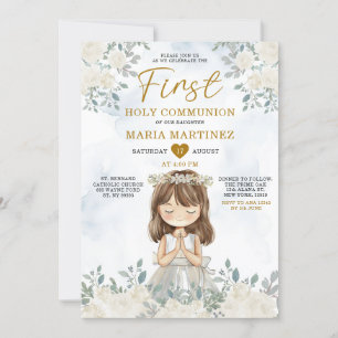 Invitación Chica Rezando Floral Blanca Primera Comunión Santa