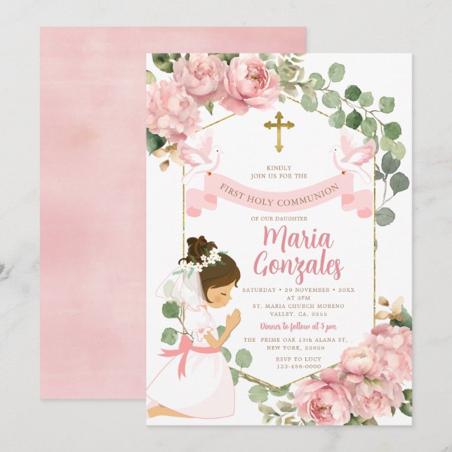 Invitación Chica Rezando Primero Santa Comunión Floral Rosa (Anverso / Reverso)