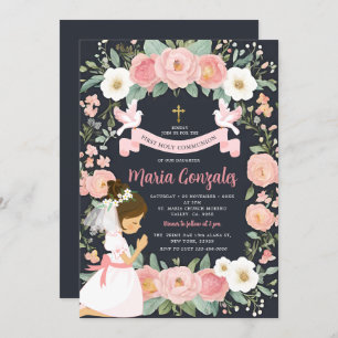 Invitación Chica Rezando Primero Santa Comunión Floral Rosa