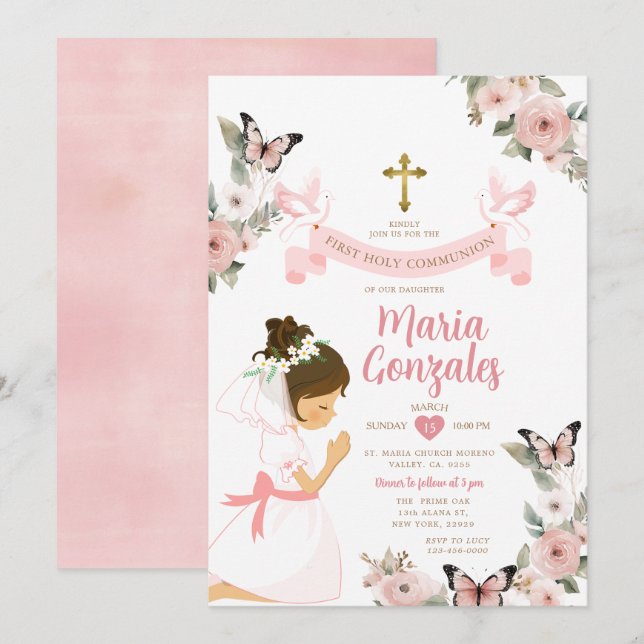 Invitación Chica Rezando Primero Santa Comunión Floral Rosa (Anverso / Reverso)