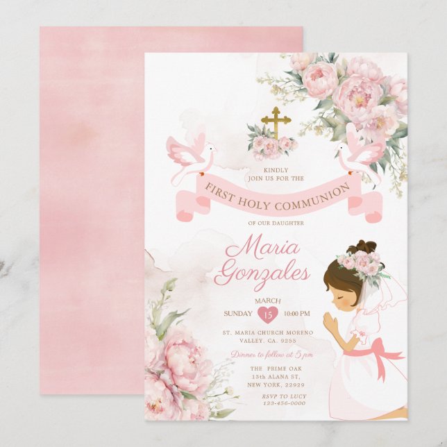 Invitación Chica Rezando Primero Santa Comunión Floral Rosa (Anverso / Reverso)